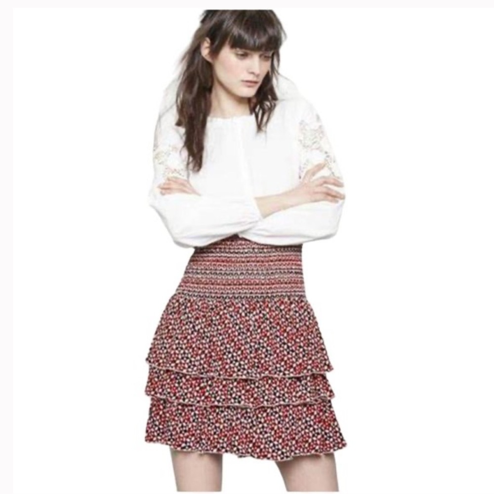 Maje Jalao Printed Ruffled Smocked Mini Skirt Siz… - image 1